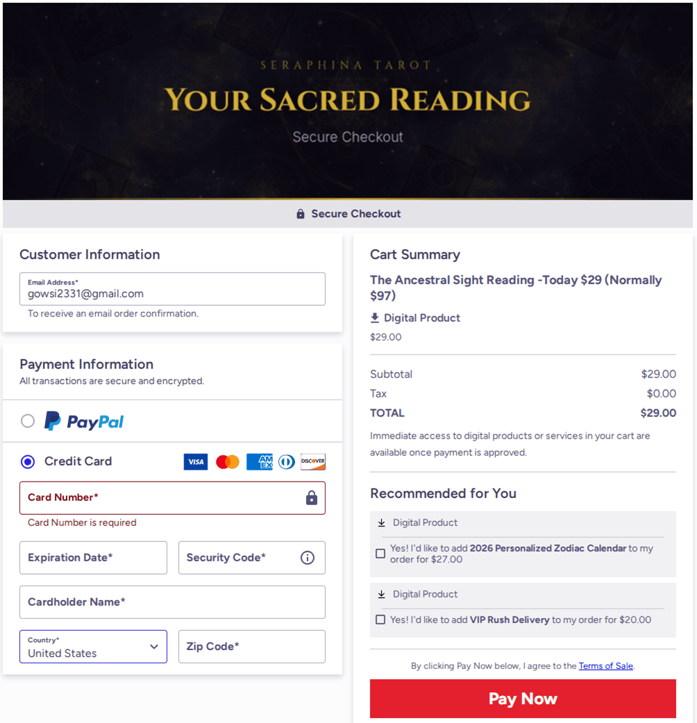 Seraphina Tarot Reading Checkout